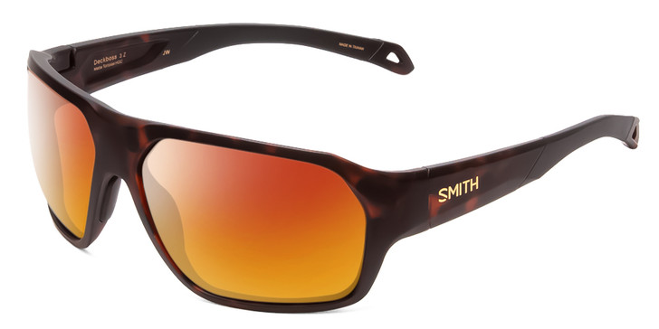 Side View of Smith Optics Deckboss Designer Polarized Sunglasses with Custom Cut Amber Brown Lenses in Matte Tortoise Havana Gold Unisex Rectangle Full Rim Acetate 63 mm