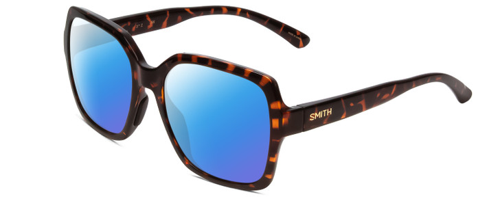 Profile View of Smith Optics Flare Designer Polarized Sunglasses with Custom Cut Blue Mirror Lenses in Tortoise Havana Gold Ladies Oversized Full Rim Acetate 57 mm