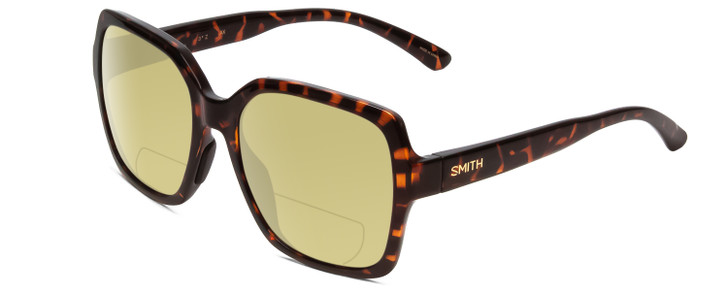 Profile View of Smith Optics Flare Designer Polarized Reading Sunglasses with Custom Cut Powered Sun Flower Yellow Lenses in Tortoise Havana Gold Ladies Oversized Full Rim Acetate 57 mm