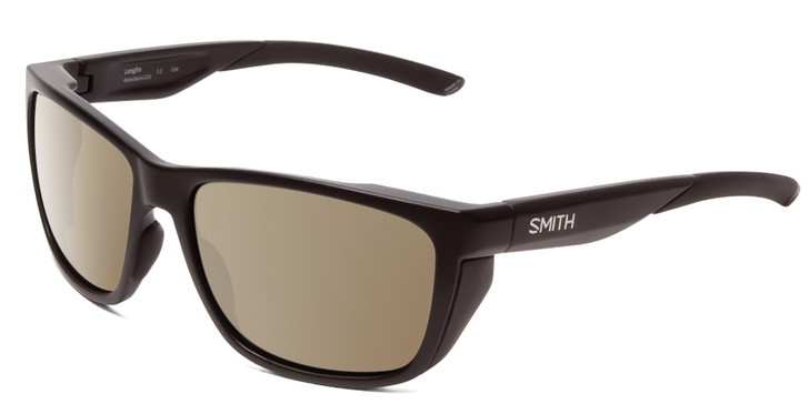 Profile View of Smith Optics Longfin Designer Polarized Sunglasses with Custom Cut Amber Brown Lenses in Matte Black Unisex Wrap Full Rim Acetate 59 mm