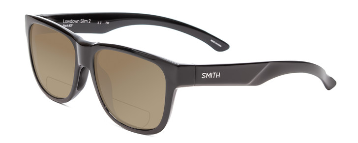 Profile View of Smith Optics Lowdown Slim 2 Designer Polarized Reading Sunglasses with Custom Cut Powered Amber Brown Lenses in Gloss Black Unisex Classic Full Rim Acetate 53 mm