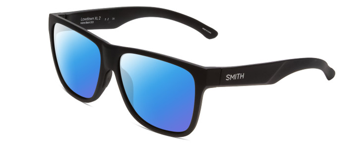 Profile View of Smith Optics Lowdown Xl 2 Designer Polarized Sunglasses with Custom Cut Blue Mirror Lenses in Matte Black Unisex Classic Full Rim Acetate 60 mm