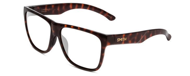 Profile View of Smith Optics Lowdown Xl 2 Designer Single Vision Prescription Rx Eyeglasses in Tortoise Havana Gold Unisex Classic Full Rim Acetate 60 mm