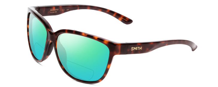 Profile View of Smith Optics Monterey Designer Polarized Reading Sunglasses with Custom Cut Powered Green Mirror Lenses in Tortoise Havana Gold Ladies Cateye Full Rim Acetate 58 mm