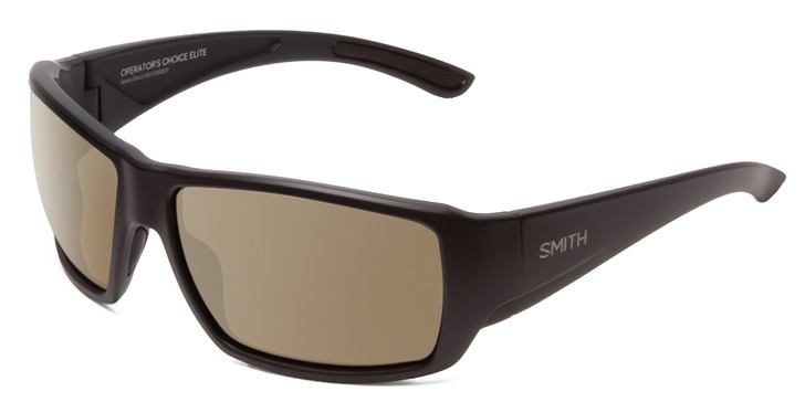 Profile View of Smith Optics Operators Choice Elite Designer Polarized Sunglasses with Custom Cut Amber Brown Lenses in Matte Black Unisex Wrap Full Rim Acetate 62 mm
