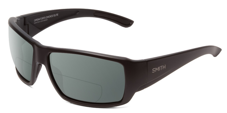 Profile View of Smith Optics Operators Choice Elite Designer Polarized Reading Sunglasses with Custom Cut Powered Smoke Grey Lenses in Matte Black Unisex Wrap Full Rim Acetate 62 mm