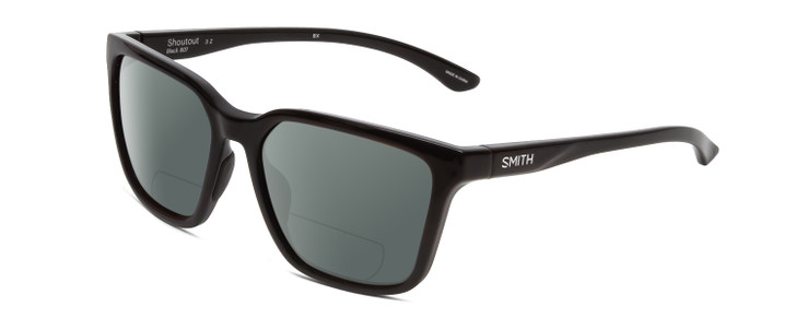 Profile View of Smith Optics Shoutout Designer Polarized Reading Sunglasses with Custom Cut Powered Smoke Grey Lenses in Gloss Black Unisex Retro Full Rim Acetate 57 mm