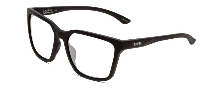 Profile View of Smith Optics Shoutout Designer Reading Eye Glasses with Custom Cut Powered Lenses in Matte Black Unisex Retro Full Rim Acetate 57 mm