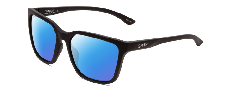 Profile View of Smith Optics Shoutout Designer Polarized Sunglasses with Custom Cut Blue Mirror Lenses in Matte Black Unisex Retro Full Rim Acetate 57 mm