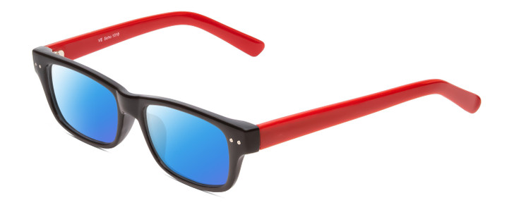 Profile View of SOHO 1010 Designer Polarized Sunglasses with Custom Cut Blue Mirror Lenses in Gloss Black Red Ladies Rectangle Full Rim Acetate 50 mm