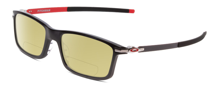 Profile View of Oakley OX8050 Designer Polarized Reading Sunglasses with Custom Cut Powered Sun Flower Yellow Lenses in Black Ink/Red Mens Rectangle Full Rim Acetate 55 mm