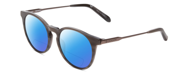 Profile View of Dragon Alliance DR520S LL HYPE Designer Polarized Reading Sunglasses with Custom Cut Powered Blue Mirror Lenses in Slate Wood Marble Grey Unisex Classic Full Rim Acetate 51 mm