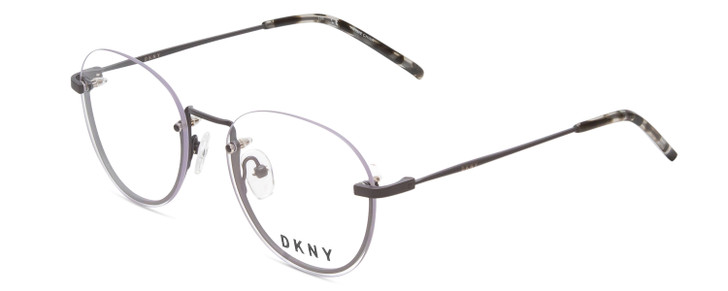 Profile View of DKNY DK1000 Designer Single Vision Prescription Rx Eyeglasses in Satin Grey Tortoise Ladies Round Semi-Rimless Metal 52 mm
