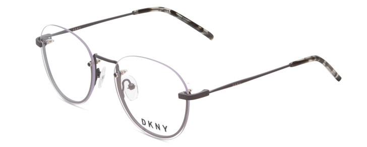 Profile View of DKNY DK1000 Designer Bi-Focal Prescription Rx Eyeglasses in Satin Grey Tortoise Ladies Round Semi-Rimless Metal 52 mm