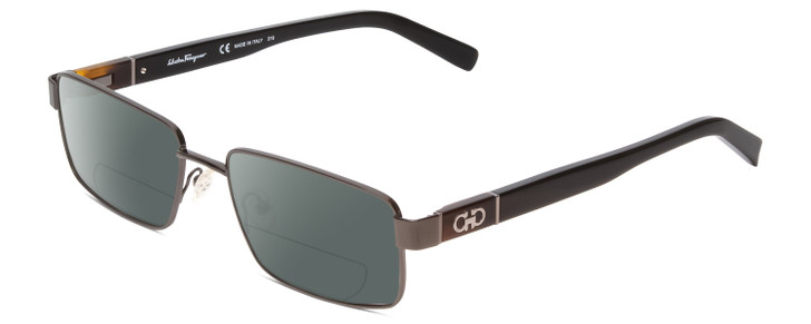 Profile View of Ferragamo SF2152 Designer Polarized Reading Sunglasses with Custom Cut Powered Smoke Grey Lenses in Shiny Dark Gun Black Unisex Rectangle Full Rim Metal 57 mm