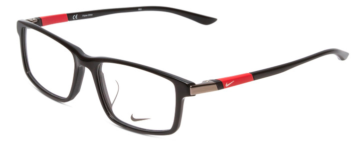 Profile View of Nike 7924AF Designer Reading Eye Glasses with Custom Cut Powered Lenses in Black Red  Unisex Rectangle Full Rim Metal 54 mm