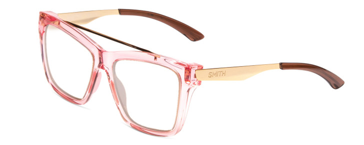 Profile View of Smith Optics Runaround Designer Reading Eye Glasses in Pink Crystal Gold Ladies Cateye Full Rim Acetate 55 mm