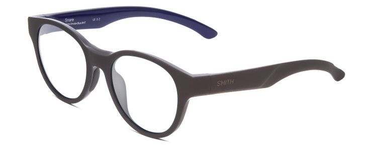 Profile View of Smith Optics Snare Designer Reading Eye Glasses in Matte Smoke Grey Blue Unisex Round Full Rim Acetate 51 mm