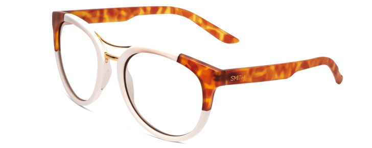 Profile View of Smith Optics Bridgetown Designer Reading Eye Glasses with Custom Cut Powered Lenses in White Havana Tortoise Gold Ladies Round Full Rim Acetate 54 mm