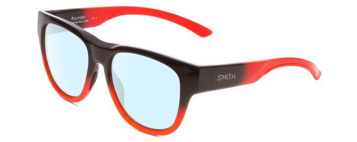 Profile View of Smith Optics Rounder Designer Blue Light Blocking Eyeglasses in Dark Grey Carbon Black Red Unisex Round Full Rim Acetate 51 mm