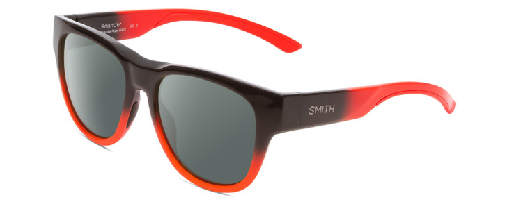 Profile View of Smith Optics Rounder Designer Polarized Sunglasses with Custom Cut Smoke Grey Lenses in Dark Grey Carbon Black Red Unisex Round Full Rim Acetate 51 mm