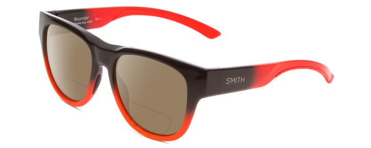 Profile View of Smith Optics Rounder Designer Polarized Reading Sunglasses with Custom Cut Powered Amber Brown Lenses in Dark Grey Carbon Black Red Unisex Round Full Rim Acetate 51 mm