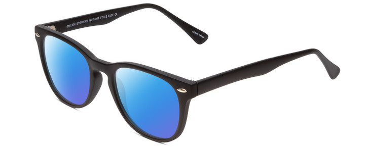 Profile View of Gotham Style 252 Designer Polarized Sunglasses with Custom Cut Blue Mirror Lenses in Matte Black Unisex Round Full Rim Acetate 52 mm