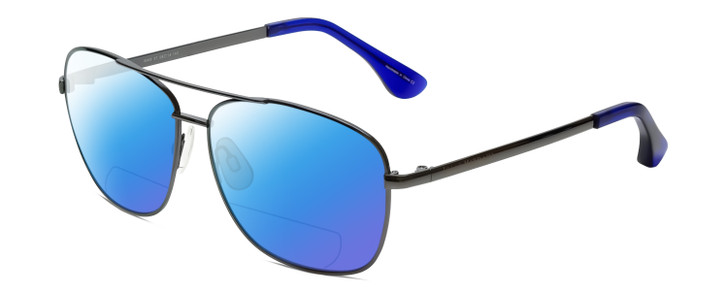 Profile View of Isaac Mizrahi IM49-37 Designer Polarized Reading Sunglasses with Custom Cut Powered Blue Mirror Lenses in Gun Metal Grey Blue Violet Unisex Aviator Full Rim Metal 58 mm