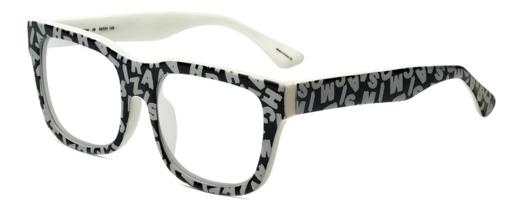 Profile View of Isaac Mizrahi IM69-99 Designer Reading Eye Glasses in Black White Letters Ladies Square Full Rim Acetate 53 mm