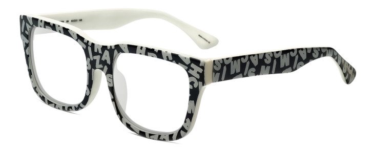 Profile View of Isaac Mizrahi IM69-99 Designer Single Vision Prescription Rx Eyeglasses in Black White Letters Ladies Square Full Rim Acetate 53 mm