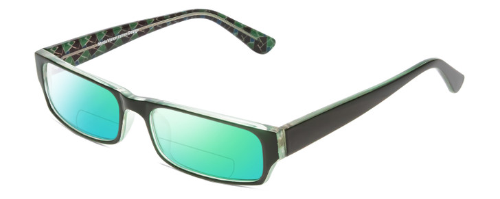 Profile View of Moda Vision 2013 Designer Polarized Reading Sunglasses with Custom Cut Powered Green Mirror Lenses in Green Crystal Layer Mosaic Unisex Rectangle Full Rim Acetate 55 mm