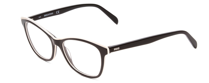 Profile View of Emilio Pucci EP5098 Designer Single Vision Prescription Rx Eyeglasses in Gloss Black & White Ladies Cateye Full Rim Acetate 54 mm