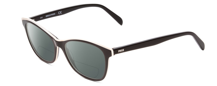 Profile View of Emilio Pucci EP5098 Designer Polarized Reading Sunglasses with Custom Cut Powered Smoke Grey Lenses in Gloss Black & White Ladies Cateye Full Rim Acetate 54 mm