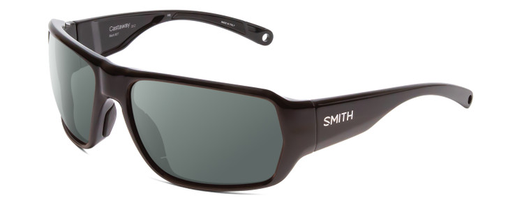 Profile View of Smith Optics Castaway Designer Polarized Sunglasses with Custom Cut Smoke Grey Lenses in Gloss Black Unisex Wrap Full Rim Acetate 63 mm