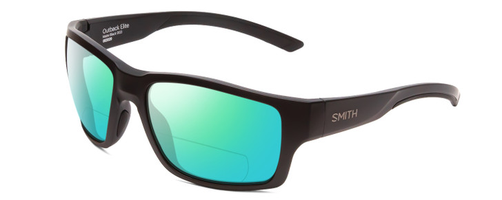 Profile View of Smith Optics Outback Elite Designer Polarized Reading Sunglasses with Custom Cut Powered Green Mirror Lenses in Matte Black Unisex Square Full Rim Acetate 59 mm