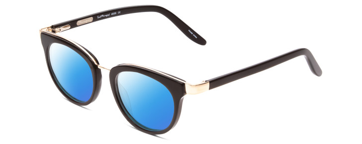 Profile View of Ernest Hemingway H4838 Designer Polarized Sunglasses with Custom Cut Blue Mirror Lenses in Gloss Black/Gold Accents Ladies Cateye Full Rim Acetate 49 mm
