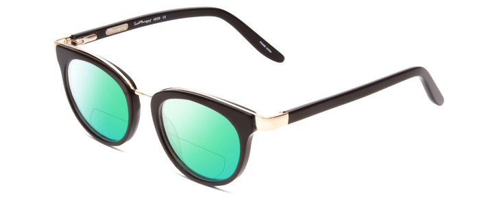 Profile View of Ernest Hemingway H4838 Designer Polarized Reading Sunglasses with Custom Cut Powered Green Mirror Lenses in Gloss Black/Gold Accents Ladies Cateye Full Rim Acetate 49 mm