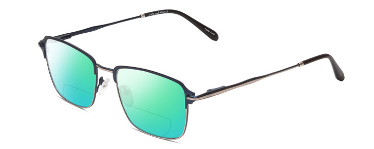 Profile View of Ernest Hemingway H4844 Designer Polarized Reading Sunglasses with Custom Cut Powered Green Mirror Lenses in Satin Navy Blue Silver Unisex Rectangle Full Rim Stainless Steel 52 mm