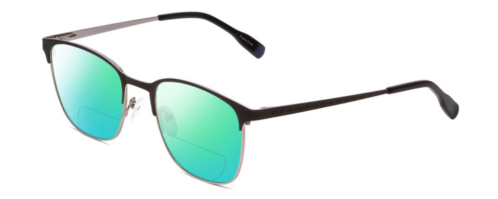 Profile View of Ernest Hemingway H4862 Designer Polarized Reading Sunglasses with Custom Cut Powered Green Mirror Lenses in Satin Black/Silver Geometric Pattern Unisex Cateye Full Rim Stainless Steel 52 mm