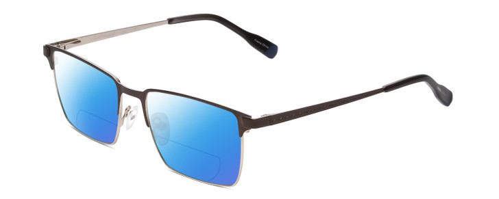 Profile View of Ernest Hemingway H4863 Designer Polarized Reading Sunglasses with Custom Cut Powered Blue Mirror Lenses in Satin Gun Metal/Silver Geometric Pattern Unisex Rectangle Full Rim Stainless Steel 52 mm