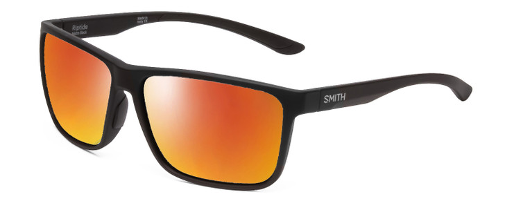 Profile View of Smith Optics Riptide Designer Polarized Sunglasses with Custom Cut Red Mirror Lenses in Matte Black Unisex Rectangle Full Rim Acetate 57 mm