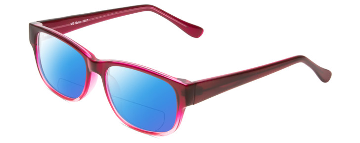 Profile View of Soho 1007 Designer Polarized Reading Sunglasses with Custom Cut Powered Blue Mirror Lenses in Purple Fuchia Pink Crystal Ladies Cateye Full Rim Acetate 52 mm