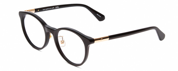 Profile View of Kate Spade DRYSTALEE Designer Reading Eye Glasses with Custom Cut Powered Lenses in Black Gold Ladies Round Full Rim Acetate 50 mm