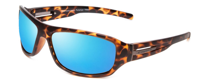 Profile View of Coyote Sonoma Designer Polarized Sunglasses with Custom Cut Blue Mirror Lenses in Matte Tortoise Havana Brown Gold Unisex Wrap Full Rim Acetate 61 mm