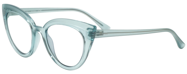 Profile View of Guess GU7628 Designer Reading Eye Glasses with Custom Cut Powered Lenses in Frosted Crystal Sky Blue Ladies Cateye Full Rim Acetate 52 mm