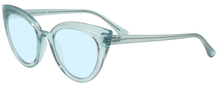 Profile View of Guess GU7628 Designer Blue Light Blocking Eyeglasses in Frosted Crystal Sky Blue Ladies Cateye Full Rim Acetate 52 mm