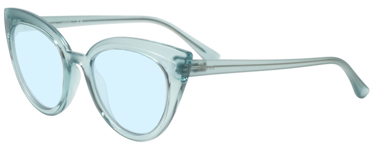 Profile View of Guess GU7628 Designer Progressive Lens Blue Light Blocking Eyeglasses in Frosted Crystal Sky Blue Ladies Cateye Full Rim Acetate 52 mm