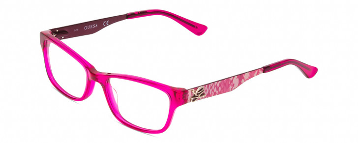Profile View of Guess GU9094 Designer Reading Eye Glasses with Custom Cut Powered Lenses in Crystal Fuchsia Pink Snake Skin Ladies Cateye Full Rim Acetate 48 mm