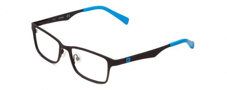 Profile View of Guess GU9143 Designer Single Vision Prescription Rx Eyeglasses in Matte Black Blue Tips Unisex Rectangle Full Rim Metal 48 mm