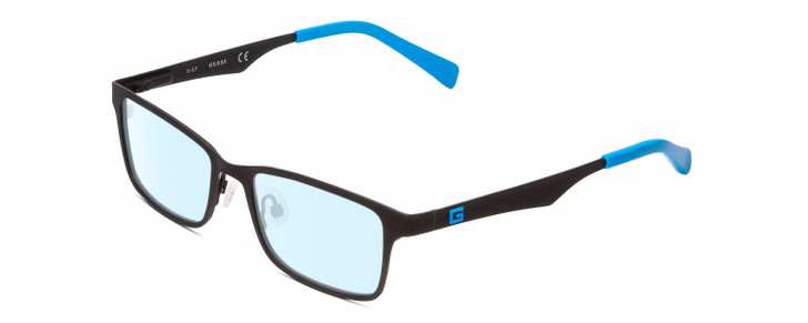 Profile View of Guess GU9143 Designer Progressive Lens Blue Light Blocking Eyeglasses in Matte Black Blue Tips Unisex Rectangle Full Rim Metal 48 mm